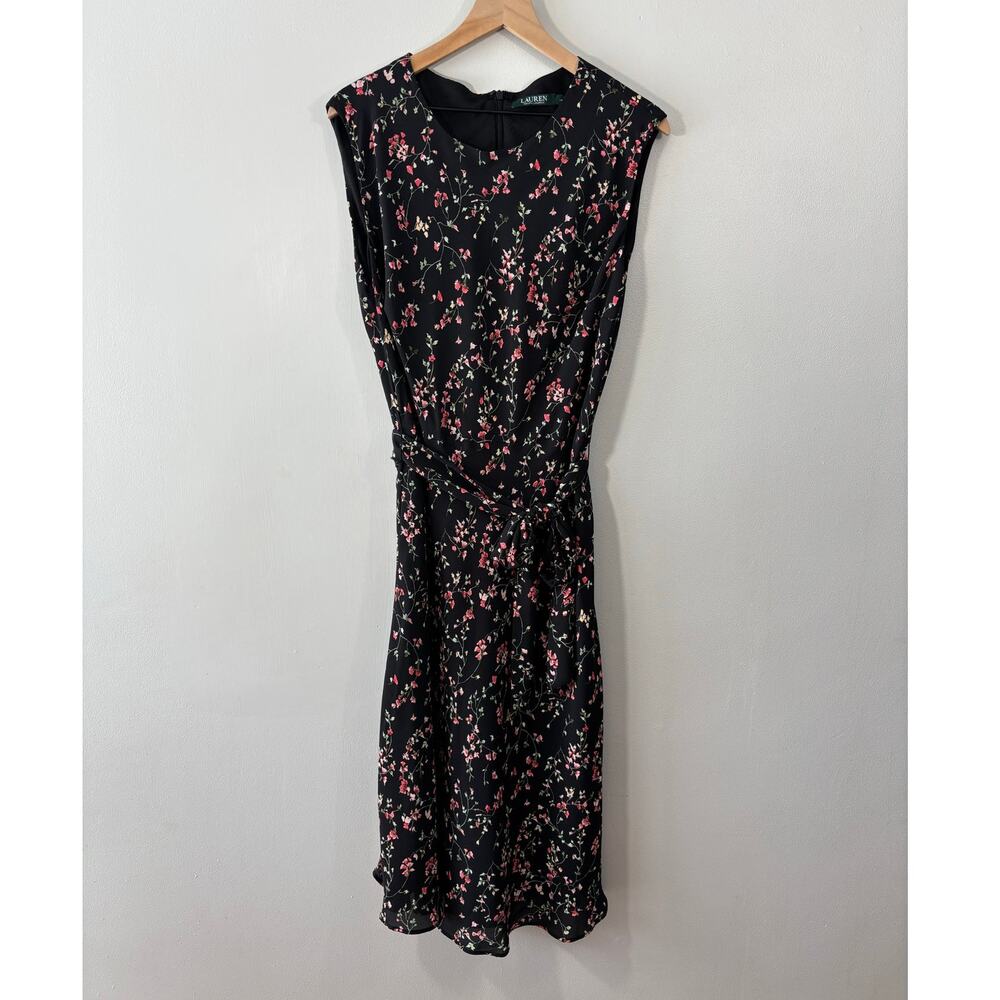 Vintage Lauren by Ralph Lauren Sleeveless Floral Midi Dress Tie Waist Size 14